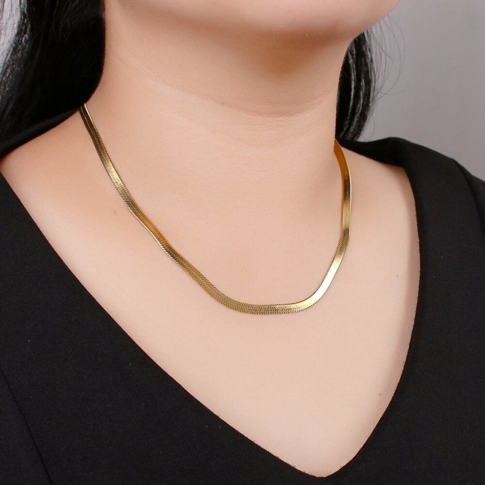 Gold Plated Flat Herringbone Chain Necklace
